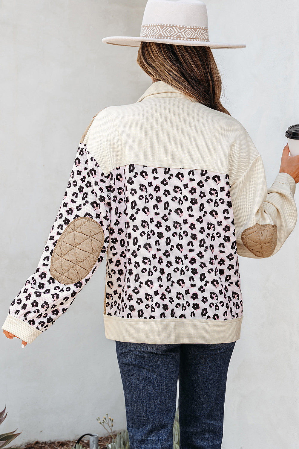 Khaki Leopard Waffle Quilted Patchwork Button Front Jacket