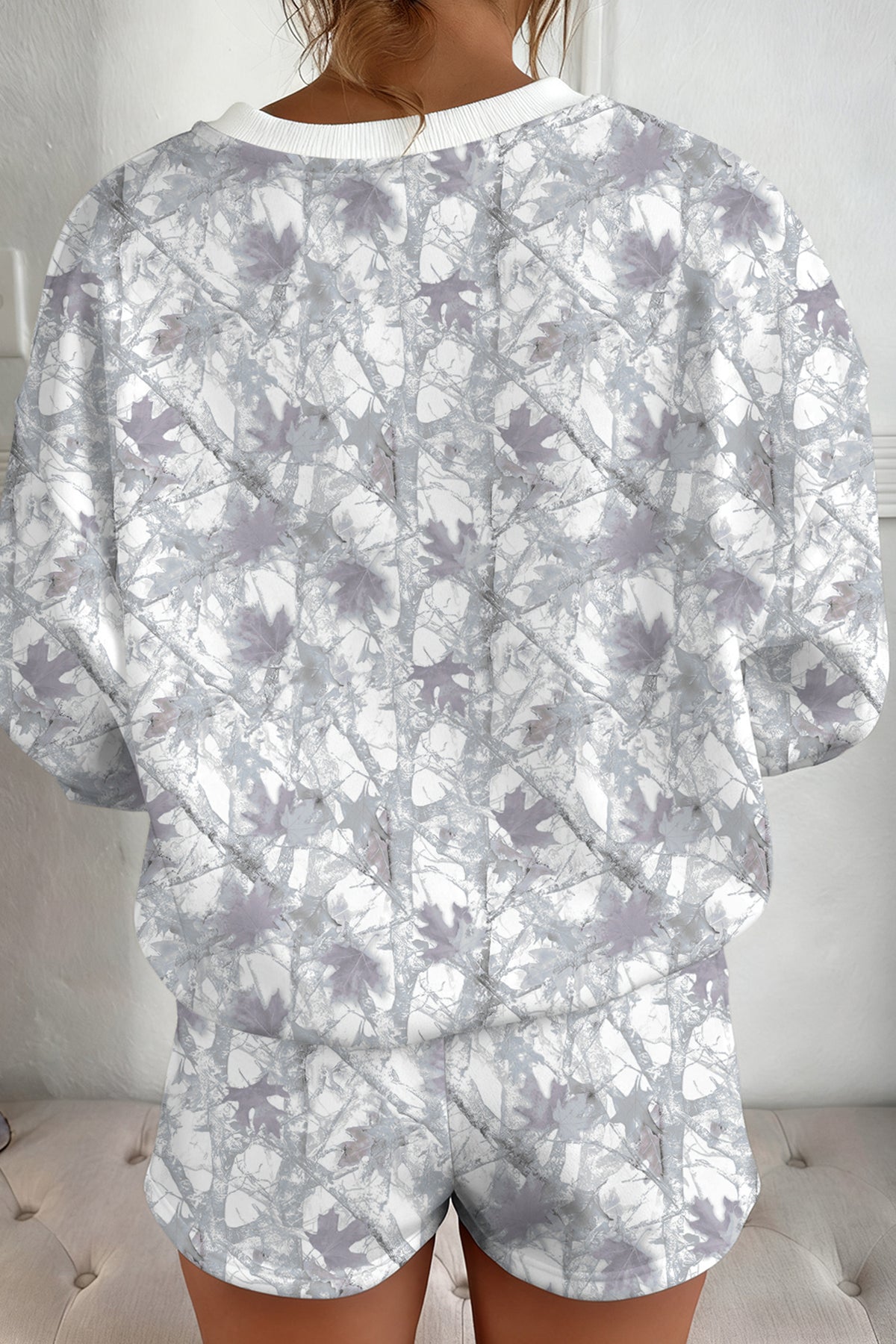Light Grey Abstract Woodland Camo Print Baggy Pullover Drawstring Shorts Set