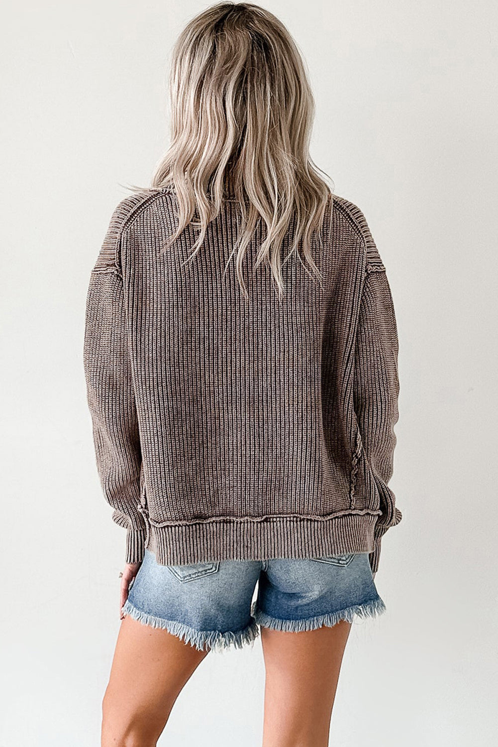 Dark Brown Mineral Wash Exposed Seam Patchwork Knit Open Sweater Cardigan