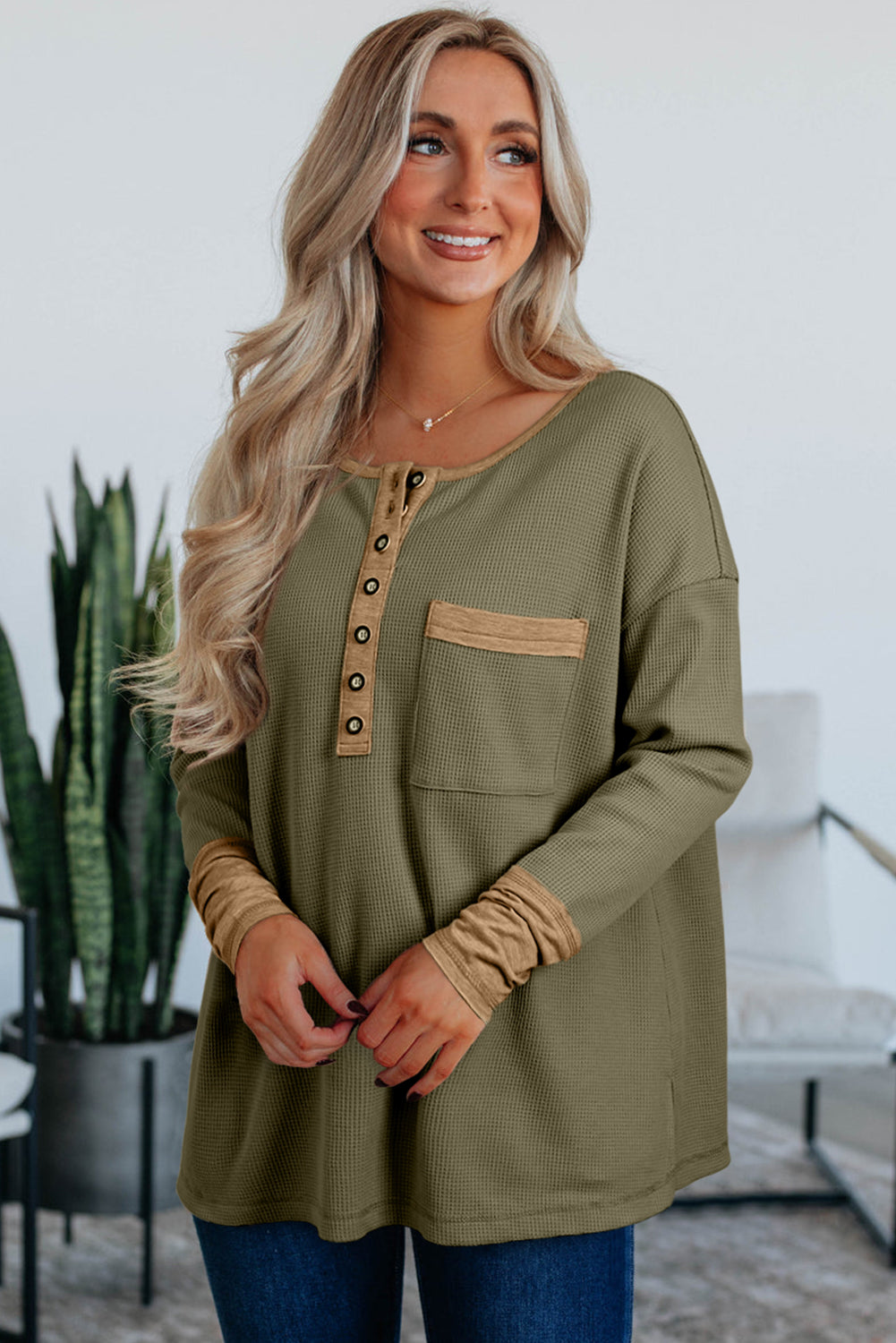 Vineyard Green Color Block Waffle Textured Tunic Henley Top with Slits