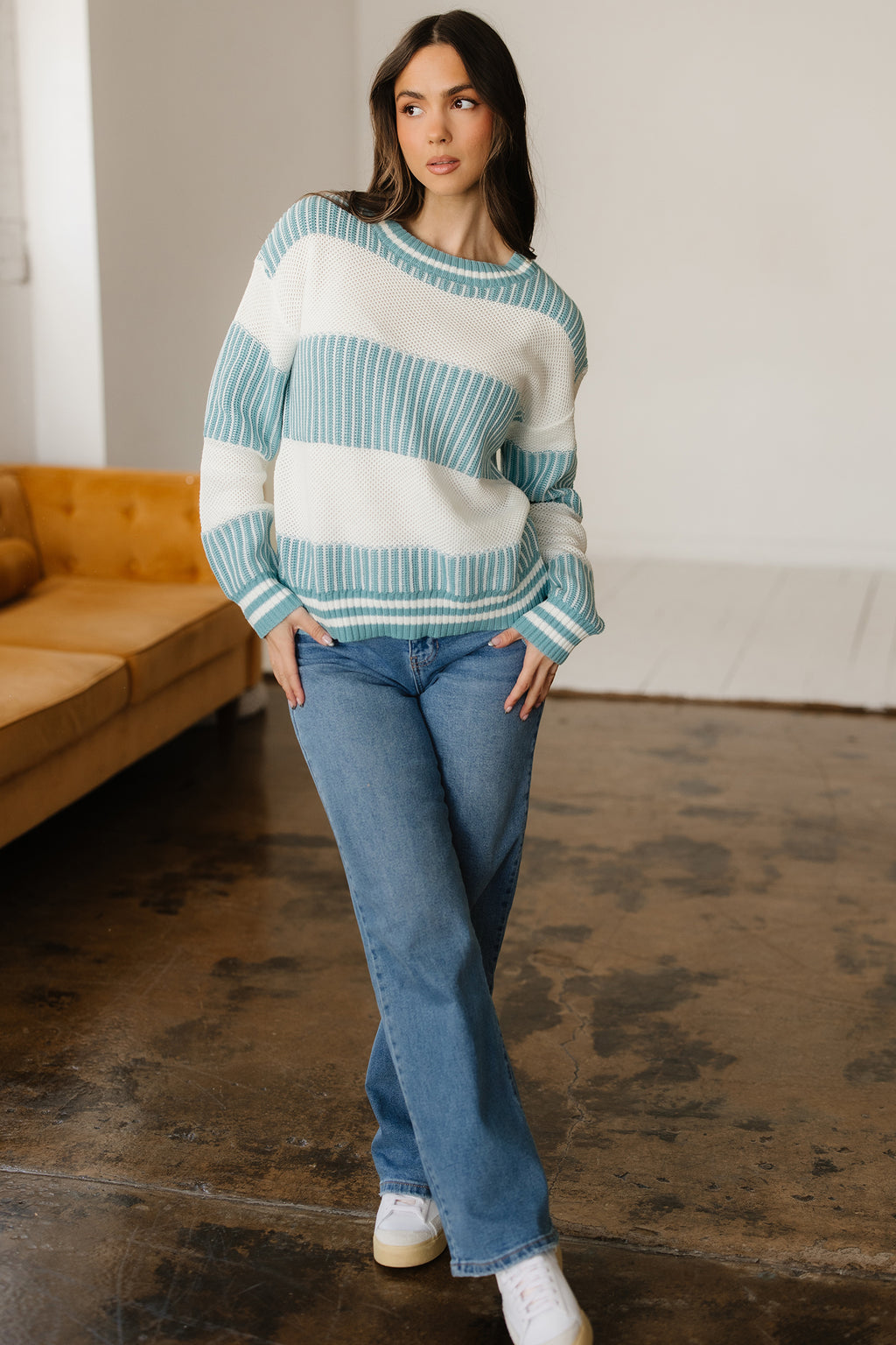 Brown Two Tone Striped Patchwork Drop Shoulder Loose Sweater