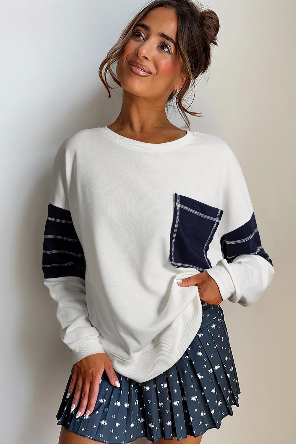 White Exposed Seam Detail Color Block Patch Pocket Drop Shoulder Sweatshirt