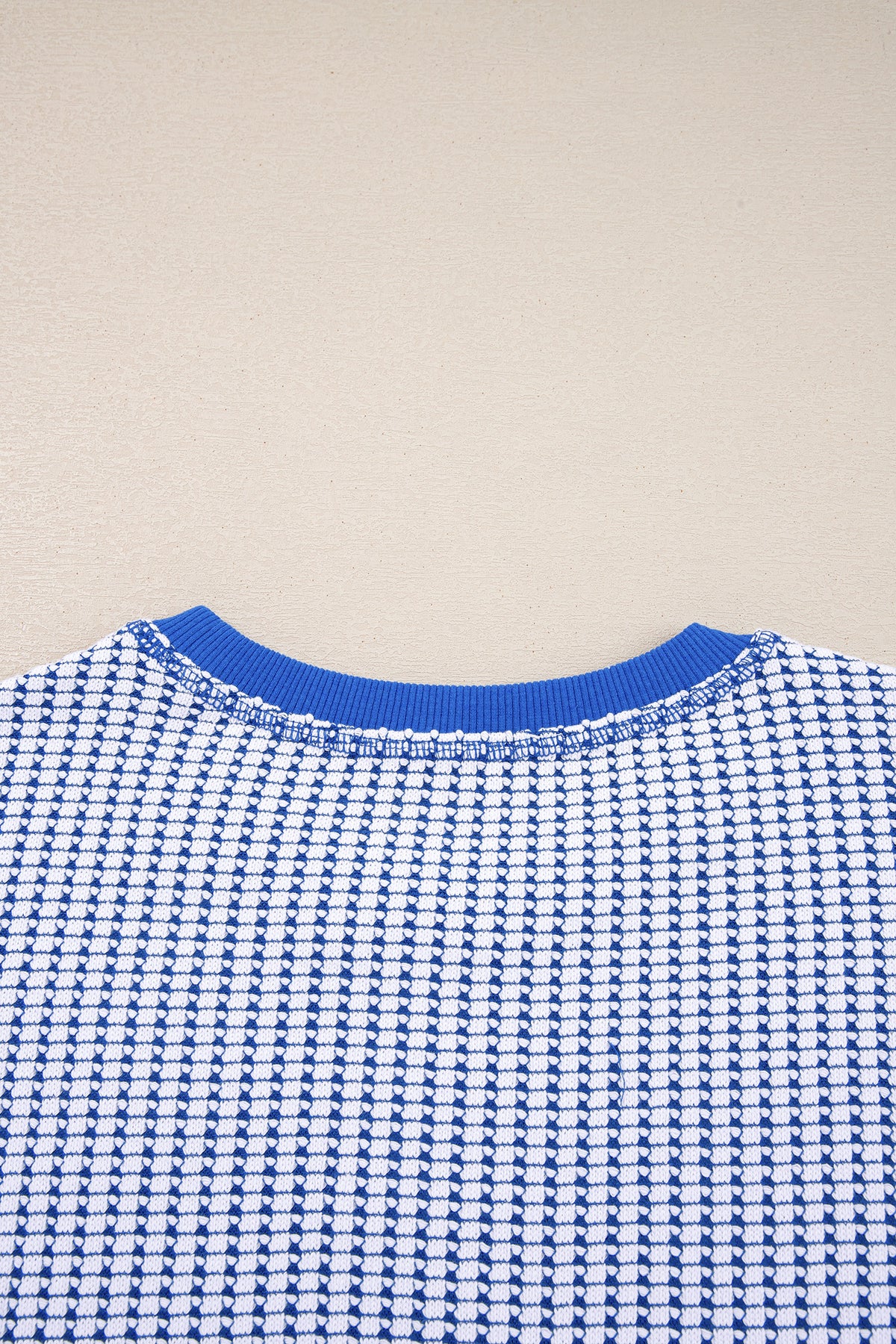 Dark Blue Waffle Knit Exposed Stitching Casual Top with Side Slits
