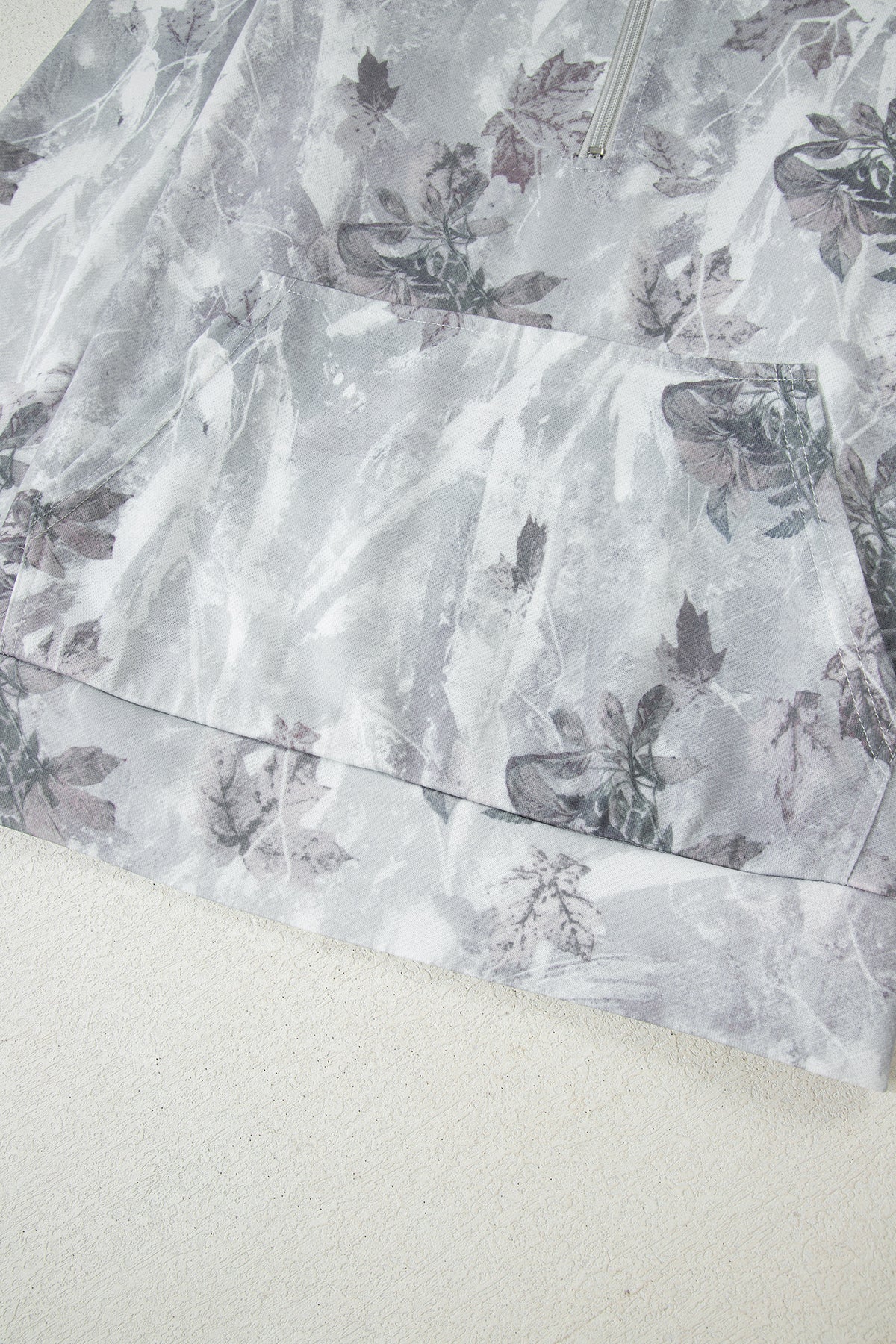 Gray Camo Leaf Print Kangaroo Pocket Quarter Zip Hoodie