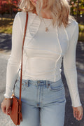 White Exposed Seam Ribbed Knit Slim Fit Long Sleeve Top