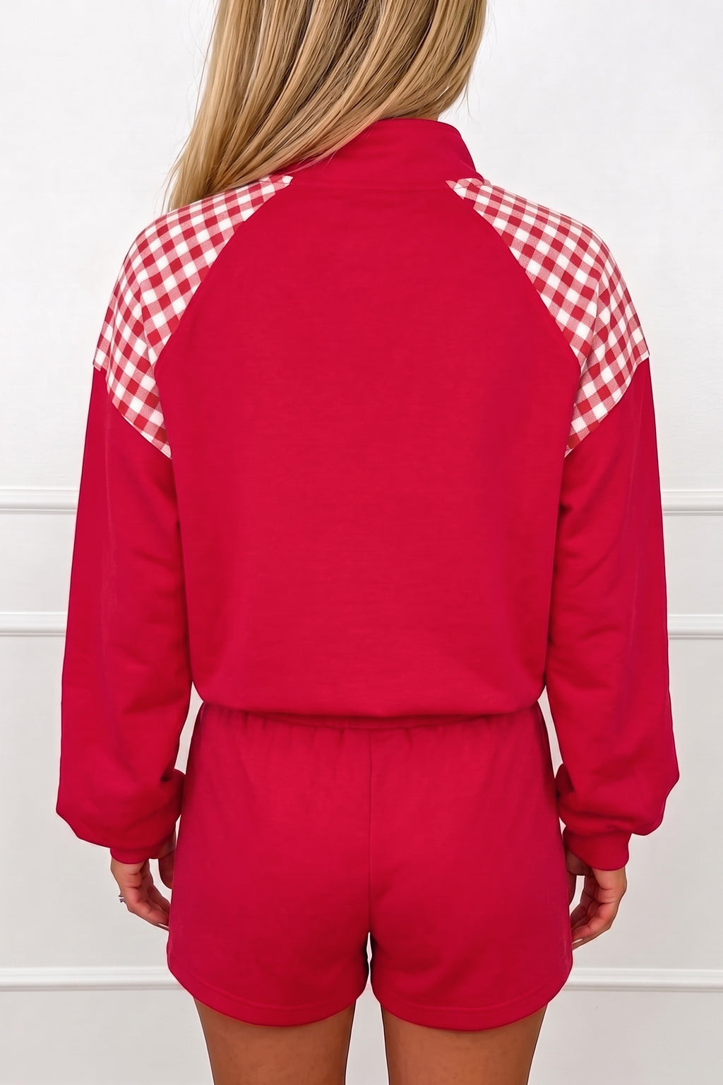 Coffee Plaid Patchwork Half Zip Pullover Drawstring Short Set