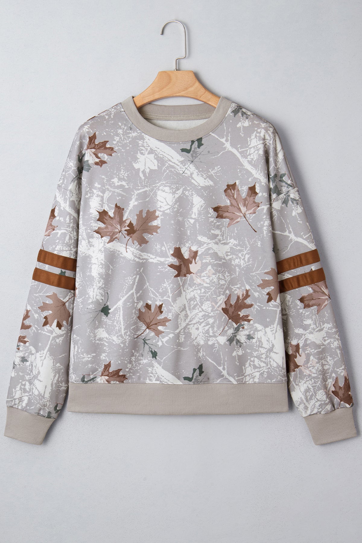 Gray Maple Leaf Camo Print Varsity Striped Sleeve Casual Sweatshirt