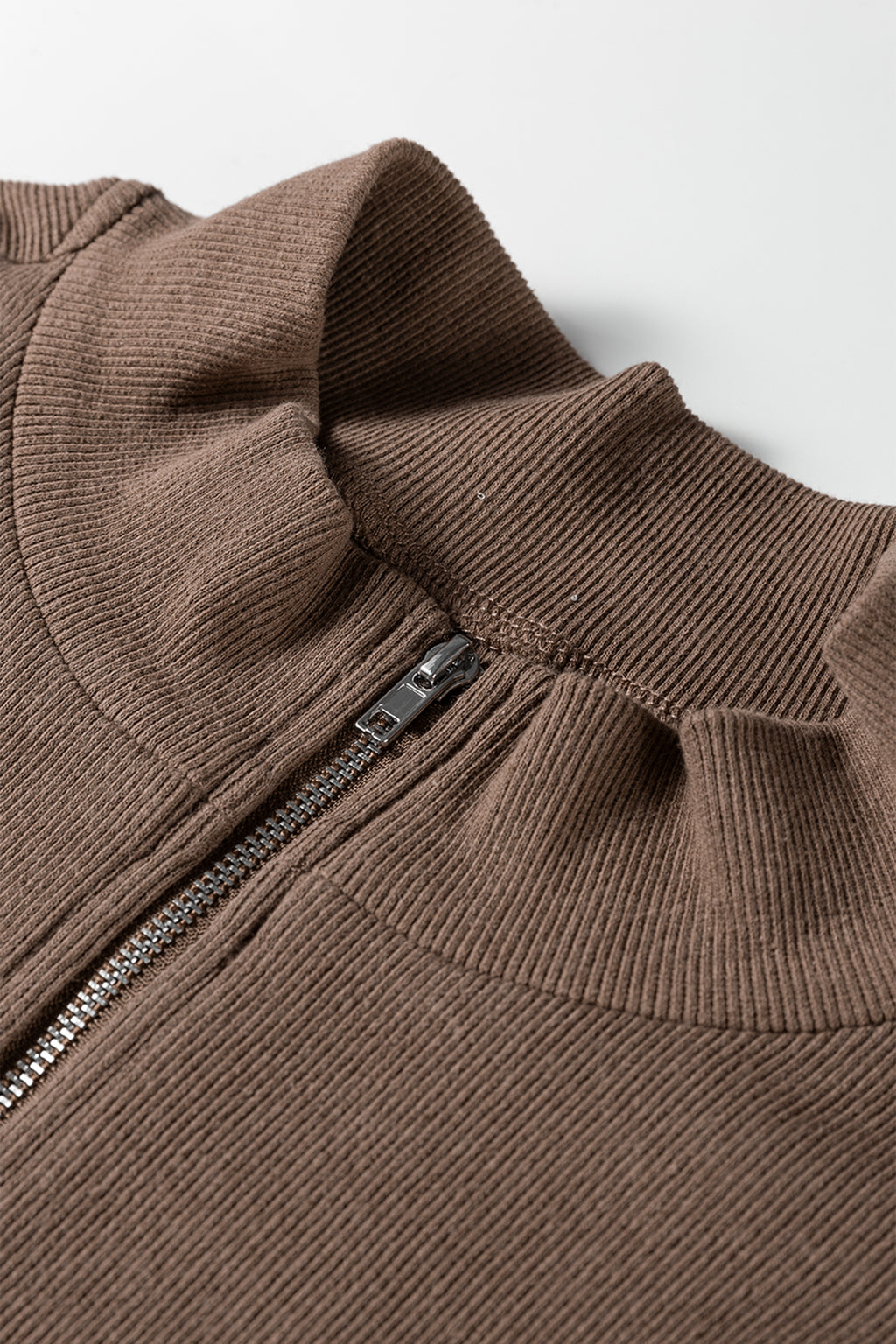 Brown Striped Color Block Zip Collar 3/4 Sleeve Oversize Sweatshirt