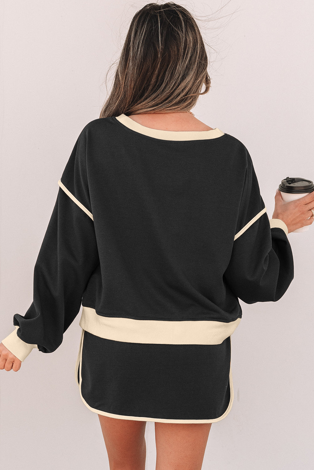 Coffee Color Contrast Loose Pullover and Lace-up Waist Skort Set