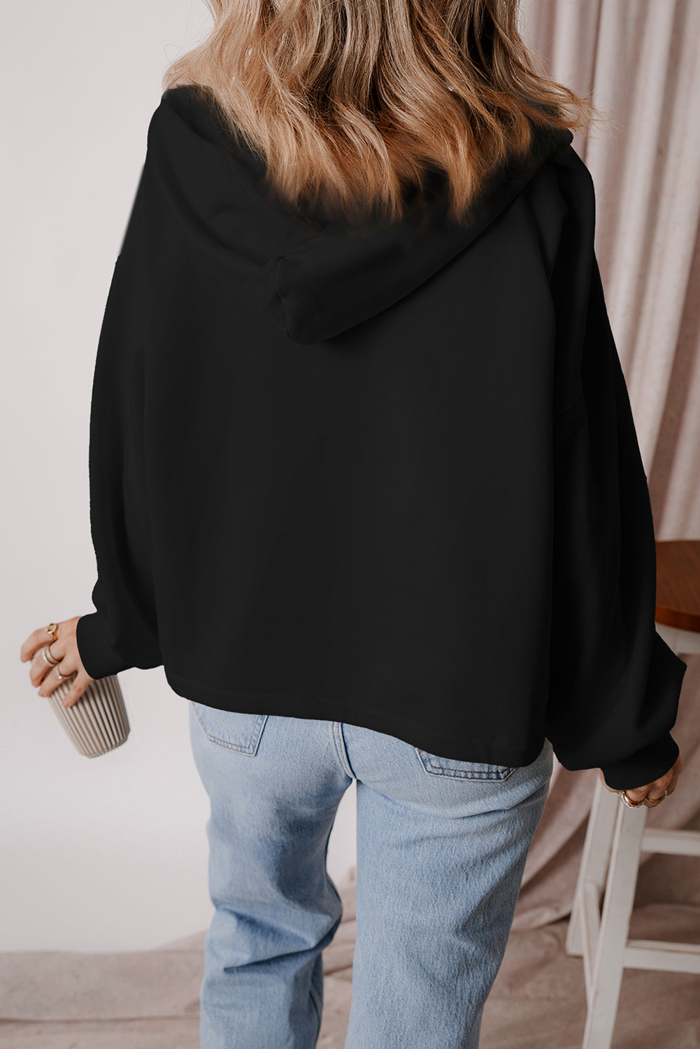 Light Grey Fleece Lined Half Zipper Kangaroo Pockets Loose Hoodie