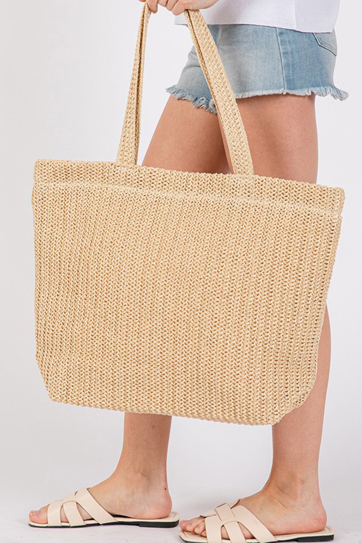 Parchment Solid Color Straw Woven Summer Beach Tote Bag