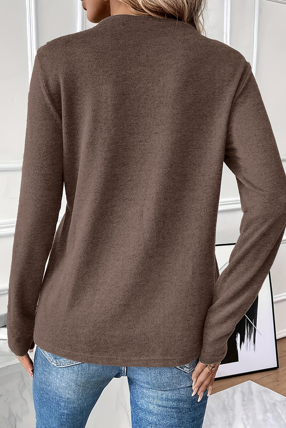 Red Dahlia Solid Exposed Seam Crew Neck Long Sleeve Top