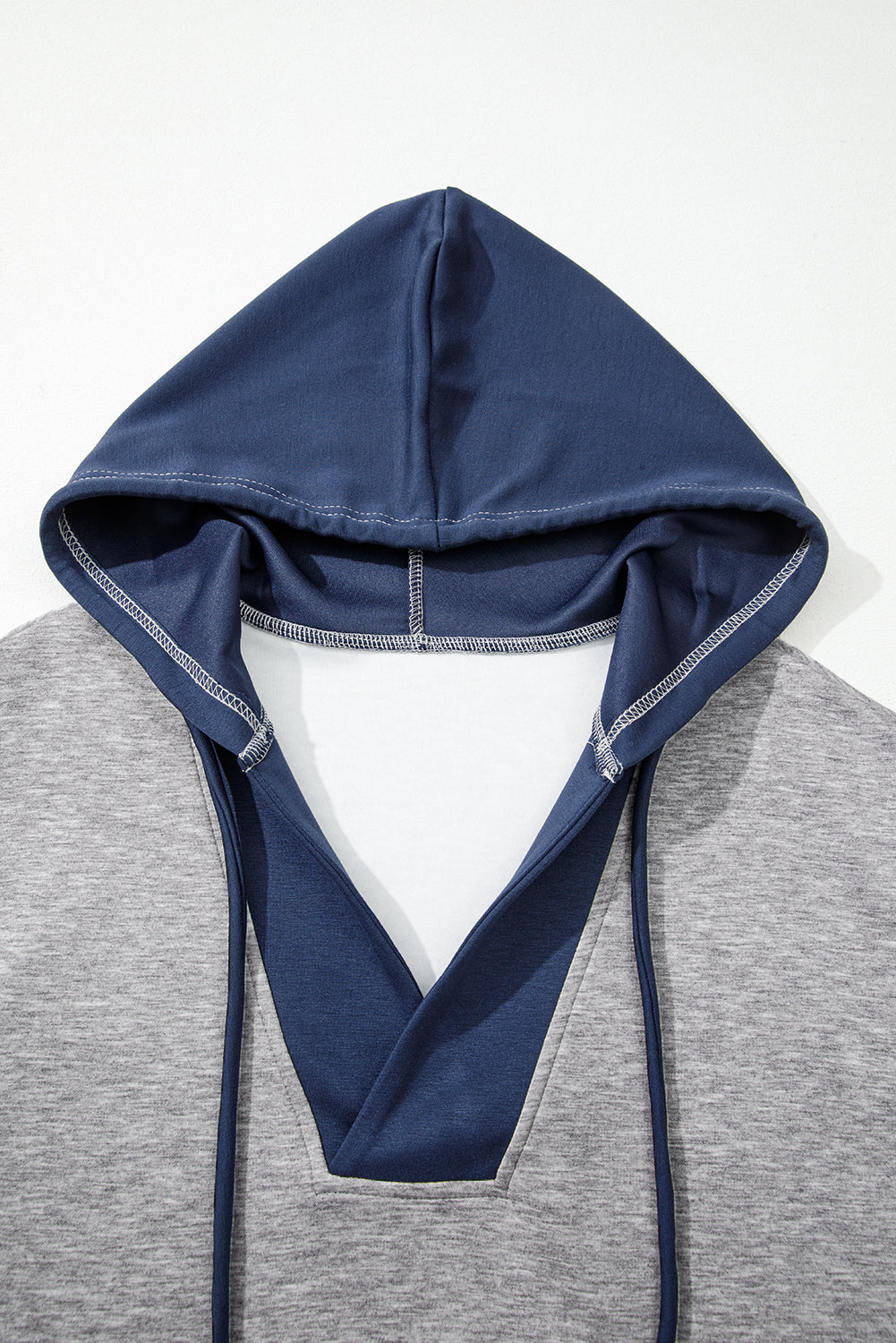 Light Grey Color Block Patchwork V Neck Drawstring Hoodie