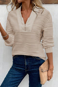 Parchment Solid Color Textured Zip V Neck Pullover Sweatshirt