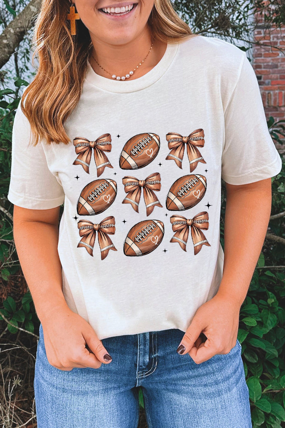 White Football Fashion Bow Print Cotton Blend T Shirt