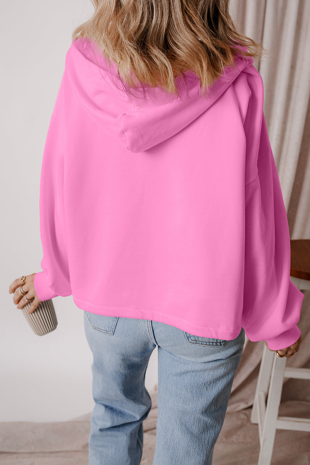 Light Grey Fleece Lined Half Zipper Kangaroo Pockets Loose Hoodie