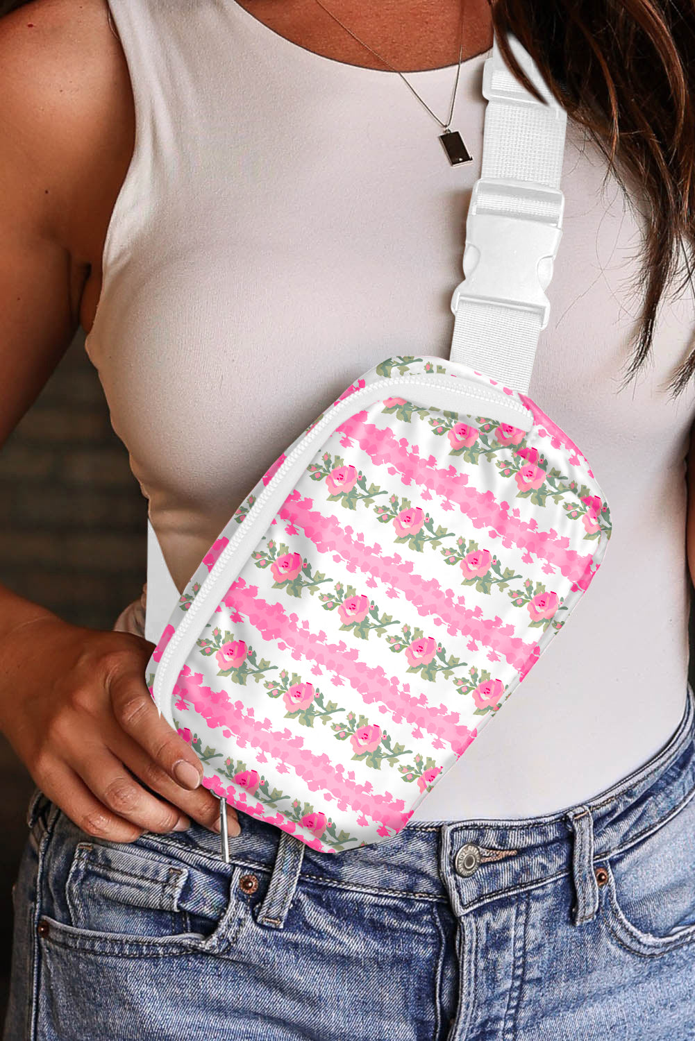White Flower Print Buckle Wide Strap Sling Bag