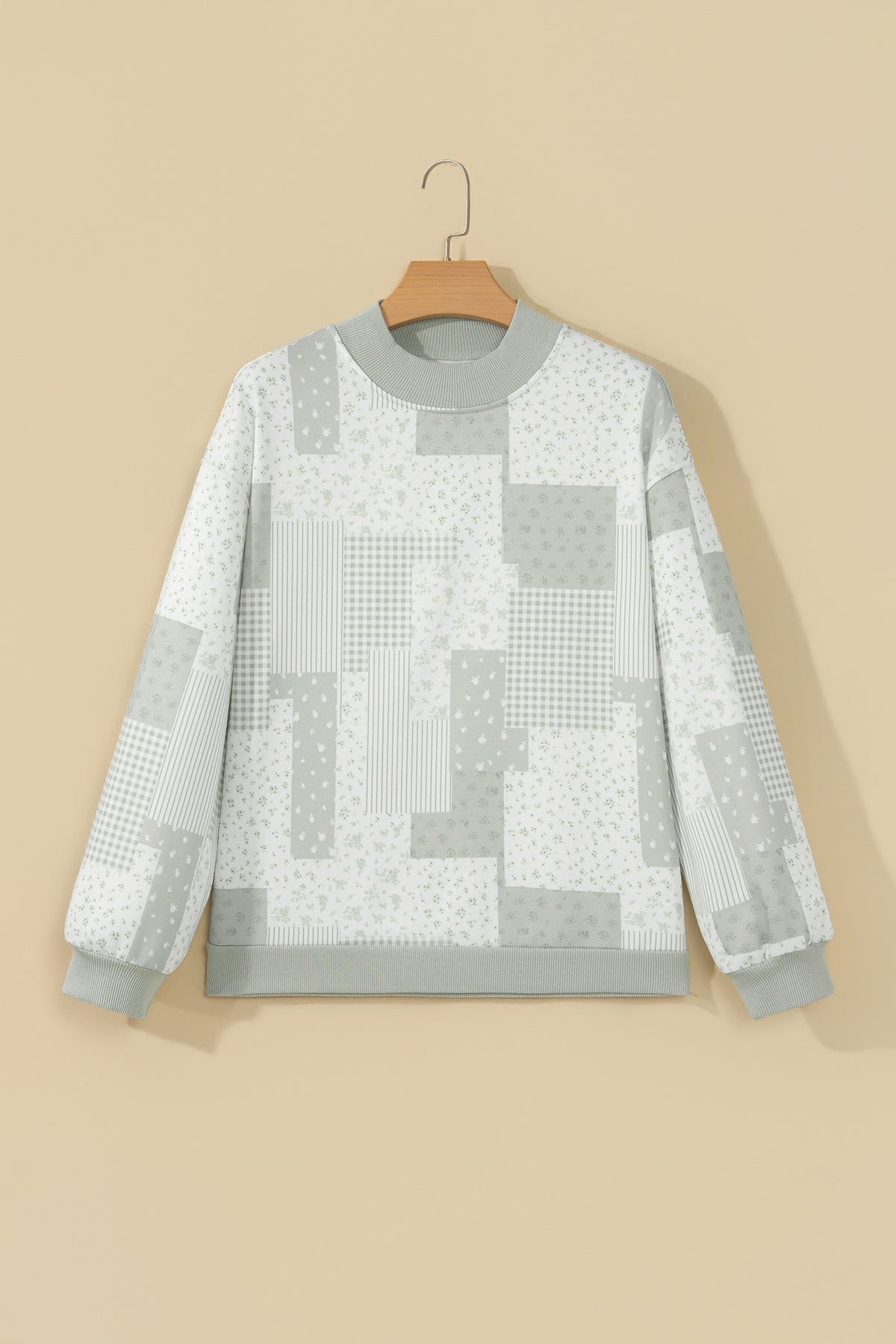 Khaki Patchwork Floral Print Mock Neck Long Sleeve Sweatshirt