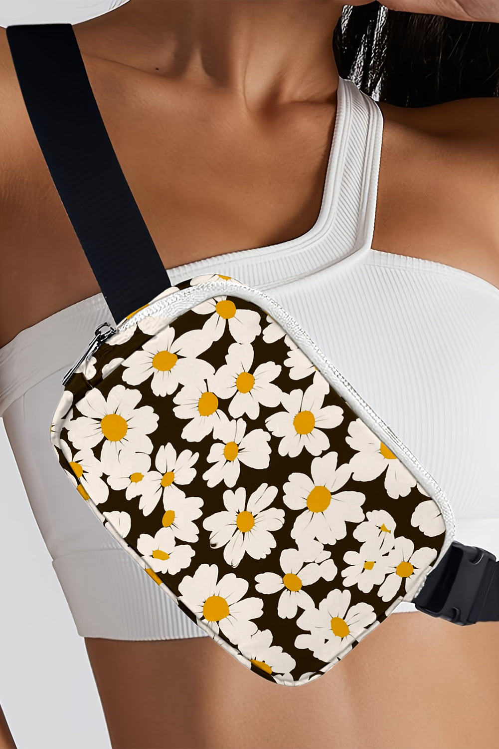 Black Daisy Printed Buckle Strap Crossbody Bag